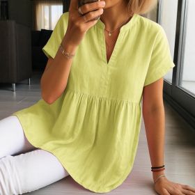 Women's Casual Loose-Fit Fashion Cotton-Linen Short-Sleeve Top (Option: Yellow-S)