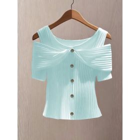 Womens Solid-color Off-shoulder Short-sleeve Top With Button Detailing (Option: Sky blue-S)
