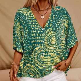 Women's V-Neck Mandala Print Blouse Short Batwing Sleeve Casual Vacation Top (Option: Green-M)