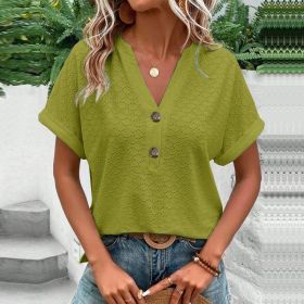 Women's Casual V-Neck Blouse Short Sleeve Loose Fit Button Front Solid Color Top (Option: Yellow Green-M)
