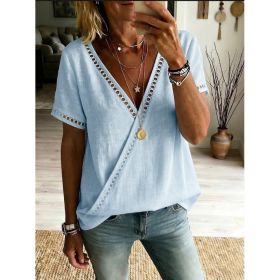 Casual Patchwork Hollow-Out Lace V-Neck Short-Sleeve Top (Option: Light Blue-S)