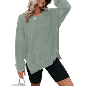 Womens Waffle Knit Crewneck Sweatshirts Long Sleeve Side Slits Casual Pullover Sweatshirt Tops (Option: Green-XL)