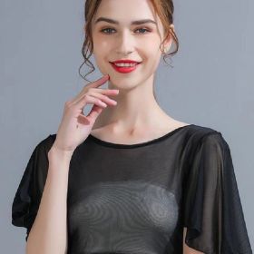 Arms Hiding One-suit Skirt All-match Ultra-thin See-through Mesh T-shirt (Option: Black-M)