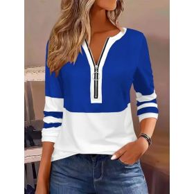 Women's V-collar Contrast Color Striped Loose Zip Long-sleeved T-shirt (Option: Blue-3XL)