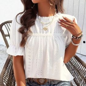 Women's Elegant Ruffle Detail Blouse Short Sleeve Round Neck Top (Option: White-S)