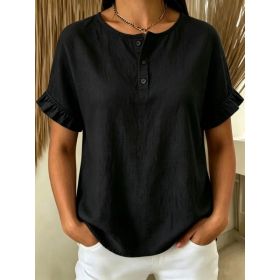 Womens Cotton-Linen Ruffle-Trimmed Button-Up Short-Sleeve Top (Option: Black-S)