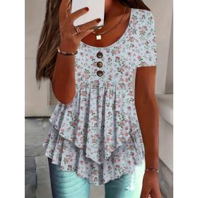 Self-pick-up Women'S Plus Size Ruffle Short Sleeve T Shirt Casual Printed Top  Only Self-pickup Is Supported (Option: Light blue-5XL)