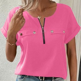 Women's V-Neck Zipper Top Solid Color Short Sleeve Blouse (Option: Pink-S)