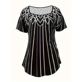 Summer New Printed Striped Short-sleeve Square Neckline Casual T-shirt (Option: XL)