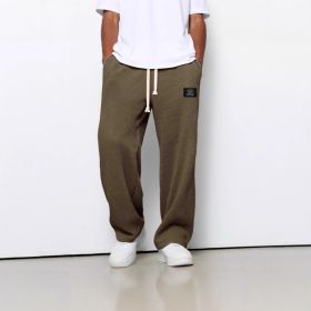 Waffle Straight Pants Fashion Brand Loose Loose  Drawstring Pockets Trousers Casual Men's Clothing (Option: Dark Brown-5XL)