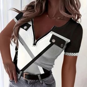 Women's Color Block Zipper T-Shirt, Casual Short Sleeve Summer Top (Option: Black Gray-2XL)