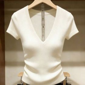 Solid-color Knitted Top For Women Super Stylish Slim-fit (Option: White-S)