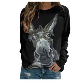 Loose Round Neck Donkey Head Floral Print Long Sleeve Pullover (Option: Black-S)