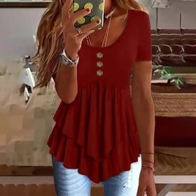Women's Solid Color Button Front Tunic Top Casual Loose Fit Crew Neck Summer Blouse T-Shirt (Option: Wine Red-XXL)
