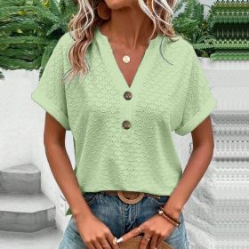 Women's Casual V-Neck Blouse Short Sleeve Loose Fit Button Front Solid Color Top (Option: Light Green-S)