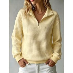 Loose-fit Waffle-knit Stand-collar Zip-up Long-sleeve Womens Sweatshirt (Option: Yellow-XS)
