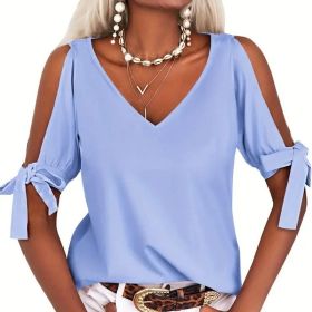 Womens Summer Cold Shoulder Tops Short Sleeve Tie Knot V Neck T Shirts Blouses (Option: Blue-XL)