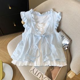 Ruffle-trimmed Age-reducing Loose-fit Puff-sleeve Doll Shirt (Option: Light Blue-XS)