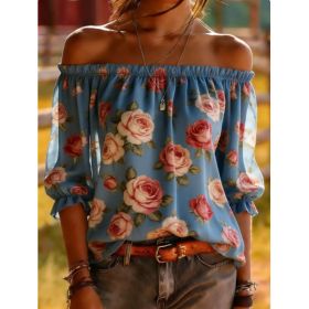 Rose Print One Shoulder Off Top (Option: Blue-XXL)