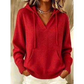 Kangaroo Pocket Knitted Hooded Drawstring Sweatshirt (Option: Red-S)