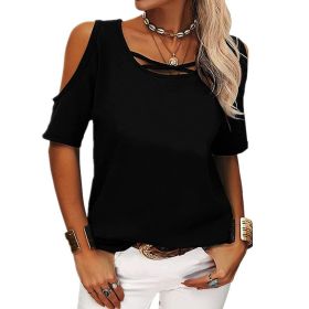 Womens Summer Trendy Shirts V Neck Cold Shoulder Tops Solid Color Casual Loose Sexy Blouse (Option: Black-XL)