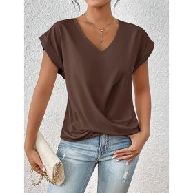 Women's Comfy Casual Summer Tops Short Sleeve V Neck Blouses T Shirts Twist Knot Basic Tees (Option: Coffee-M)