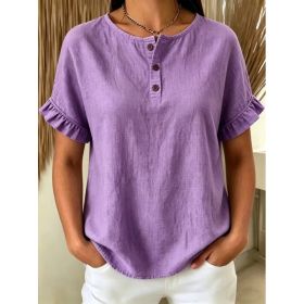 Womens Cotton-Linen Ruffle-Trimmed Button-Up Short-Sleeve Top (Option: Purple-S)