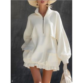 Mi Bai Half Zipper Stand Up Collar Large Pocket Black Fungus Edge Short Hoodie Skirt (Option: White-2XL)