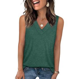 Women's Solid Color V-Neck Sleeveless Tank Tops Loose Fit Casual Tees Basic Tops (Option: Green-M)