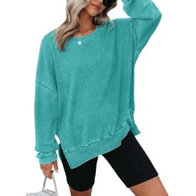 Womens Waffle Knit Crewneck Sweatshirts Long Sleeve Side Slits Casual Pullover Sweatshirt Tops (Option: Sky blue-L)