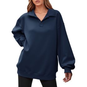 Fisoew Women Collared V Neck Sweatshirt Casual Oversized Long Sleeve Fashion Pullover Tops (Option: Navy-M)