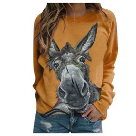 Loose Round Neck Donkey Head Floral Print Long Sleeve Pullover (Option: Yellow-M)