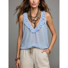 2026 Smog-free Blue Bohemian Ruffled Deep V Top (Option: Blue-XXL)