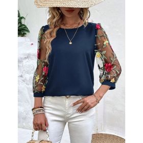 Women's Floral Embroidery Contrast Mesh Puff Sleeve Crew Neck Tee Shirt Tops (Option: Blue-XL)
