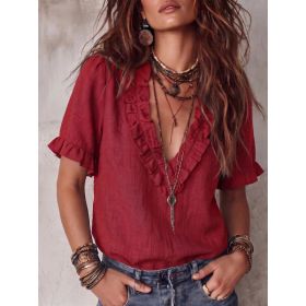 Cotton Pleated V-neck Casual Shirt Top Womens Clothing (Option: Wine Red-S)