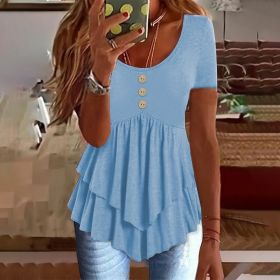 Women's Solid Color Button Front Tunic Top Casual Loose Fit Crew Neck Summer Blouse T-Shirt (Option: Sky blue-S)
