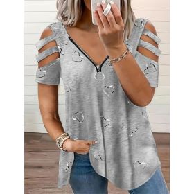 Self-pick-up Plus Size Women'S Casual Heart Print Zipper Short Sleeve Off Shoulder T-Shirt Only Self-pickup Is Supported (Option: Gray-3XL)