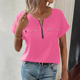 Womens Zipper-Button Top Fashionable Casual T-Shirt For Women (Option: Pink-S)