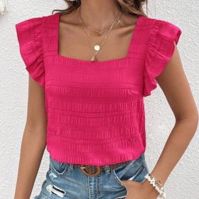 Women's Square Neck Ruffled Sleeve Short-Sleeve Blouse Vacation Casual Summer Top (Option: Rose-XL)