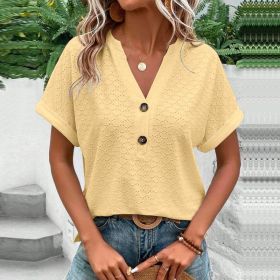 Women's Casual V-Neck Blouse Short Sleeve Loose Fit Button Front Solid Color Top (Option: Yellow-S)