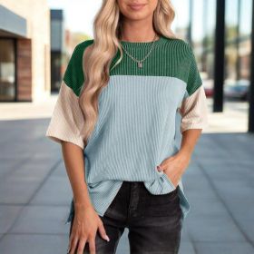 Women's Color Block Casual T-Shirt Short Sleeve Crew Neck Loose T-Shirt Top (Option: Green-M)