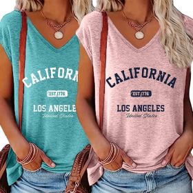 Women's 2 Pack Summer Letter Graphic Printed V Neck Short Sleeve T-Shirt (Option: Blue Pink-M)