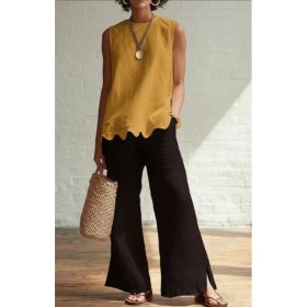 Linen-Style Round Neck Scallop Hem Sleeveless Top (Option: Yellow-5XL)