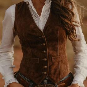 Vintage Suede-Feel Sleeveless Vest V-Neck Single-Breasted Cropped Style (Option: Brown-S)