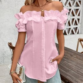 Women's Solid Color Off-Shoulder Ruffled Blouse - Waist Button-Down Shirt For Vacation & Daily Wear (Option: Pink-S)