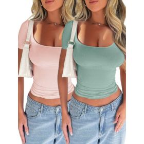 2 Piece Women's T-Shirt Solid Color Y2K Sexy Top Slim Fit Crew Neck Short Sleeves (Option: Multicolored-2pcs-XL)