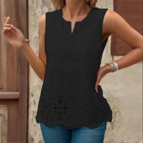 Women's Embroidered Eyelet Tops Notched Neck Sleeveless Lace Trim Blouses Shirts (Option: Black-L)