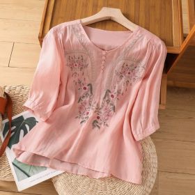 Short Sleeve Top Pullover Embroidered Chinese Women's Loose Slimming And All-matching (Option: Pink-2XL)
