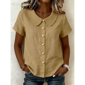 Womens Solid-Colored Short-Sleeve Casual Loose Cotton-Linen Shirt (Option: Khaki-S)