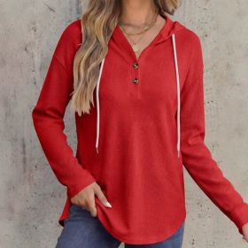 Womens V-neck Hooded Loose-fit Waffle-knit Hoodie (Option: Red-S)